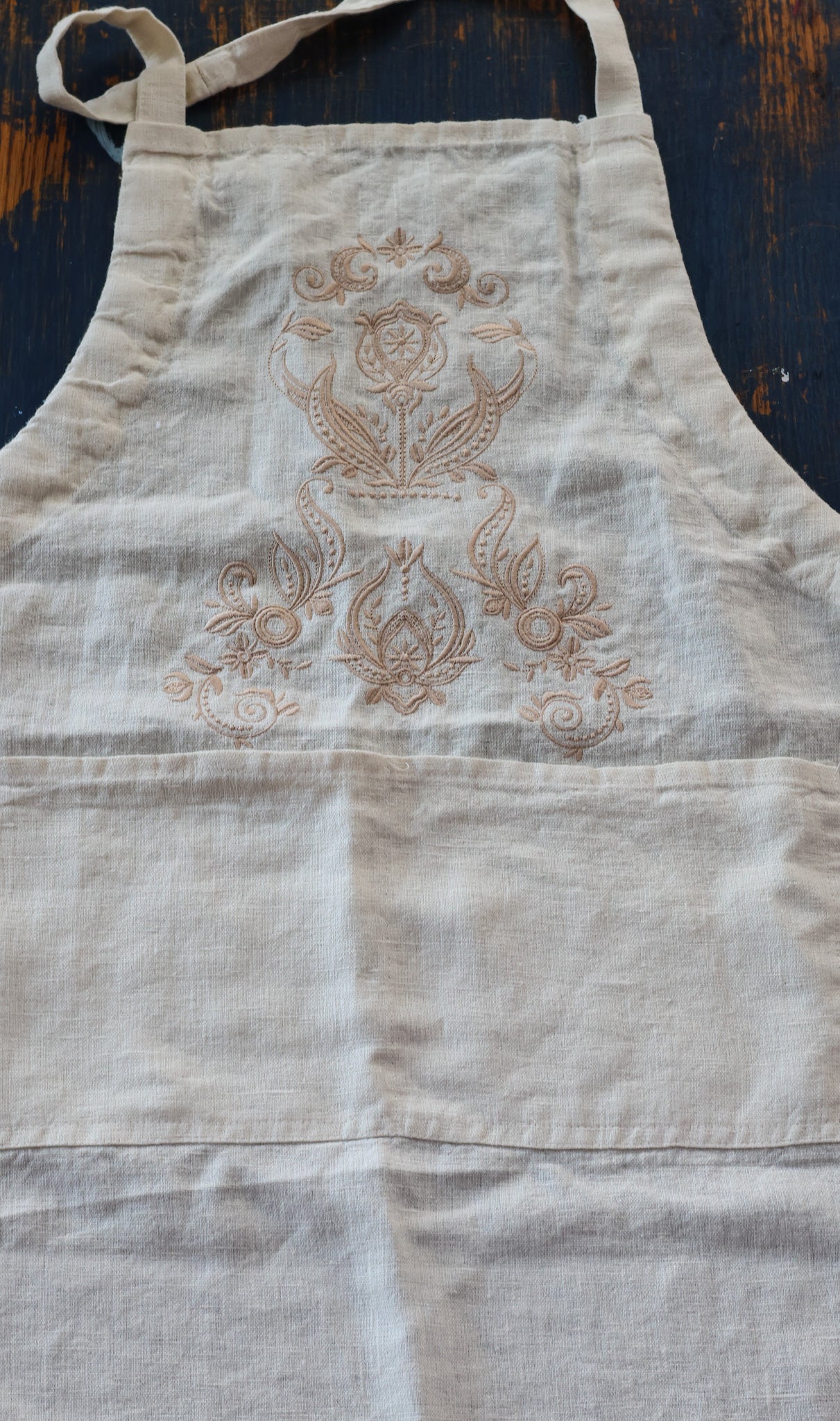 Embroidered Organic Flax Linen Ivory Apron